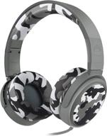 🎧 rockpapa camo foldable headphones with microphone, wired earphones for tablet, laptop, mobile, dvd, cd, tv, phones in car or airplane - camouflage grey logo