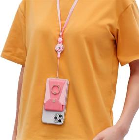 img 3 attached to 📱 YUNCE Cell Phone Card Holder with Ring Grip Stand - Pink, Stick-on Credit Card Wallet Pocket with Detachable Neck Strap