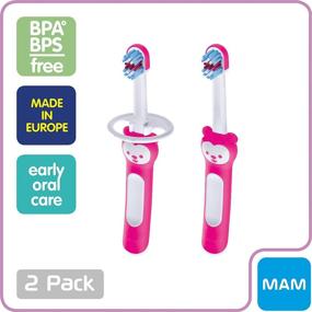 img 2 attached to MAM Baby Toothbrushes with Brushy The Bear Character - Pink, 🐻 Interactive App, 2 Brushes + 1 Safety Shield, for Girls 6+ Months