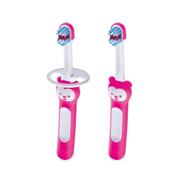 mam baby toothbrushes with brushy the bear character - pink, 🐻 interactive app, 2 brushes + 1 safety shield, for girls 6+ months logo