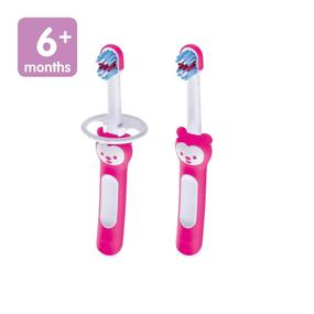 img 3 attached to MAM Baby Toothbrushes with Brushy The Bear Character - Pink, 🐻 Interactive App, 2 Brushes + 1 Safety Shield, for Girls 6+ Months