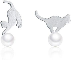 img 4 attached to 🐱 Cute Pearl Cat Small Stud Earrings for Women Girls - S925 Sterling Silver Animal Kitty Play Ball Unique Tragus Post Pin Earring - Funny Gifts for Best Friends, Daughter, Sister