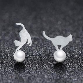 img 1 attached to 🐱 Cute Pearl Cat Small Stud Earrings for Women Girls - S925 Sterling Silver Animal Kitty Play Ball Unique Tragus Post Pin Earring - Funny Gifts for Best Friends, Daughter, Sister