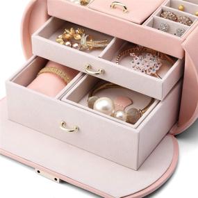 img 1 attached to 🎀 Vlando Pink Mirrored Jewelry Box Organizers for Women and Girls - Faux Leather Necklace, Earring, Ring, and Watch Storage Case