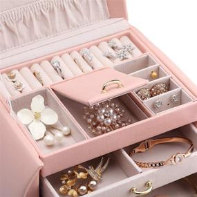 img 2 attached to 🎀 Vlando Pink Mirrored Jewelry Box Organizers for Women and Girls - Faux Leather Necklace, Earring, Ring, and Watch Storage Case