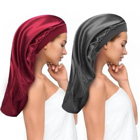 img 4 attached to Aquior Large Satin Sleep Cap Bonnet, 2 Pcs Hair Wrap for Braids - Satin Cap for Sleeping, No Fading Silk Elastic Well-sealed Band Night Cap - For Black Women, Makeup, and Washing Face