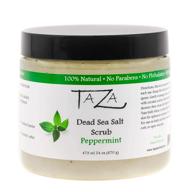 🌿 revitalize your skin with premium taza peppermint dead sea salt scrub: leaves skin soft and hydrated 473ml 24oz (670g) ♦ enriched with coconut oil, shea butter, grapeseed oil & more ♦ infused with 26 essential minerals logo