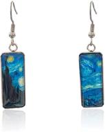 rectangle van gogh painting starry sky sunflower drop dangle earrings: abstract art glass earrings for women and girls logo