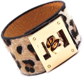 img 3 attached to 🐆 Woo's Wide Cuff Leopard Print Leather Wrap Bracelet: Geometric Adjustable Unisex Wristband with Big Round Buckle - 8.26 inch Length