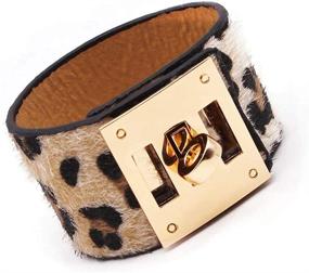 img 1 attached to 🐆 Woo's Wide Cuff Leopard Print Leather Wrap Bracelet: Geometric Adjustable Unisex Wristband with Big Round Buckle - 8.26 inch Length