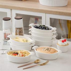 img 2 attached to 🍮 6 унций овальные мини белые фарфоровые формы для выпечки: MALACASA Рамки для суфле с двойной ручкой для крема-брюле, зефирного крема, набор из 6 штук