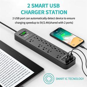 img 1 attached to 🔌 Nekteck Flat Plug Surge Protector with USB Port & 12 AC Outlets - Black