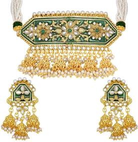 img 4 attached to Набор I Jewels в стиле Болливуда с позолоченным декором Kundan Pearl Meenakari и шлейфами Джумки для женщин