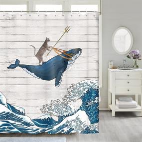 img 2 attached to 🐋 Whimsical Funny Cat Whale Shower Curtain with Japanese Kanagawa Waves - Perfect Cute Kids Decor Featuring Cool Cat Riding Whale on Rustic Wooden Design - Polyester Fabric Farmhouse Shower Bathroom Decor, 70X70IN Gray Blue