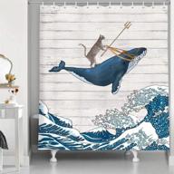 🐋 whimsical funny cat whale shower curtain with japanese kanagawa waves - perfect cute kids decor featuring cool cat riding whale on rustic wooden design - polyester fabric farmhouse shower bathroom decor, 70x70in gray blue logo