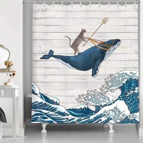 img 4 attached to 🐋 Whimsical Funny Cat Whale Shower Curtain with Japanese Kanagawa Waves - Perfect Cute Kids Decor Featuring Cool Cat Riding Whale on Rustic Wooden Design - Polyester Fabric Farmhouse Shower Bathroom Decor, 70X70IN Gray Blue