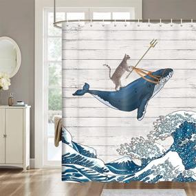 img 1 attached to 🐋 Whimsical Funny Cat Whale Shower Curtain with Japanese Kanagawa Waves - Perfect Cute Kids Decor Featuring Cool Cat Riding Whale on Rustic Wooden Design - Polyester Fabric Farmhouse Shower Bathroom Decor, 70X70IN Gray Blue