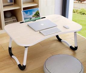 img 1 attached to 🛏️ Портативный ноутбук стол OPPIS для кровати - столик для ноутбука с складными ножками, отделением для планшета, завтраками ТВ столик - бежевый.