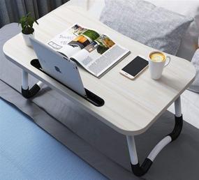 img 4 attached to 🛏️ Портативный ноутбук стол OPPIS для кровати - столик для ноутбука с складными ножками, отделением для планшета, завтраками ТВ столик - бежевый.