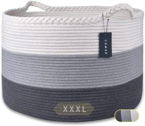 img 4 attached to Premium Cotton Rope Blanket Basket, Large Storage Basket, 21.7”x 13.8”, Extra Extra Extra Large Laundry Basket, Toy Organizer, Woven Clothes Basket, White and Gray