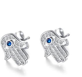 img 4 attached to JAJAFOOK Hamsa Hand of Fatima Stud Earrings with Zircon Evil Eye, Silver/Gold Color - Ideal for Women & Teen Girls