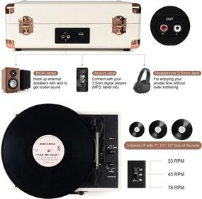 img 2 attached to 🎵 Vintage White Vinyl Record Player: Bluetooth-Enabled, Portable Suitcase Design with Built-in Speakers and Headphone Jack - 3-Speed Belt-Driven Turntable - RCA Line Out, AUX Input
