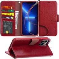 📱 arae iphone 13 pro max case wallet flip cover - card holder, wrist strap - 6.7 inch, wine red logo