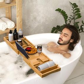 img 1 attached to 🛀 Bamboo Bath Caddy Tray - Adjustable Organizer for Spa-Like Bathing and Relaxation with Free Soap Dish