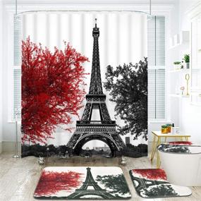 img 3 attached to 4-Piece Paris Eiffel Tower Shower Curtain Set with Non-Slip Rug, Toilet Lid Cover, and Bath Mat - Black and Red Art Trees Design incl. 12 Hooks. Waterproof and Romantic Vintage Bath Curtain