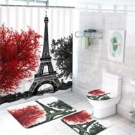 4-piece paris eiffel tower shower curtain set with non-slip rug, toilet lid cover, and bath mat - black and red art trees design incl. 12 hooks. waterproof and romantic vintage bath curtain logo