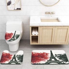 img 1 attached to 4-Piece Paris Eiffel Tower Shower Curtain Set with Non-Slip Rug, Toilet Lid Cover, and Bath Mat - Black and Red Art Trees Design incl. 12 Hooks. Waterproof and Romantic Vintage Bath Curtain