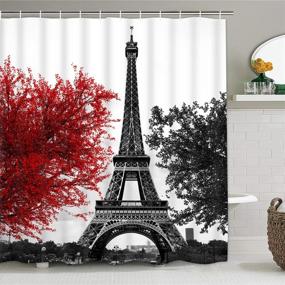 img 2 attached to 4-Piece Paris Eiffel Tower Shower Curtain Set with Non-Slip Rug, Toilet Lid Cover, and Bath Mat - Black and Red Art Trees Design incl. 12 Hooks. Waterproof and Romantic Vintage Bath Curtain