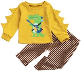 img 4 attached to 🦖 Toddler Boy Dinosaur Pants Set, Long Sleeve Shirt with Stripe Legging Trousers - Fall Clothes, Boys Sweatsuit Outfit