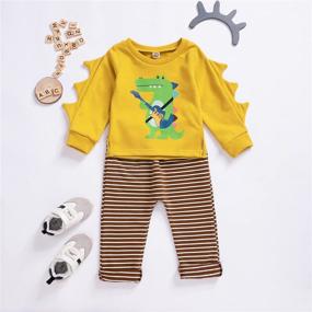 img 2 attached to 🦖 Toddler Boy Dinosaur Pants Set, Long Sleeve Shirt with Stripe Legging Trousers - Fall Clothes, Boys Sweatsuit Outfit