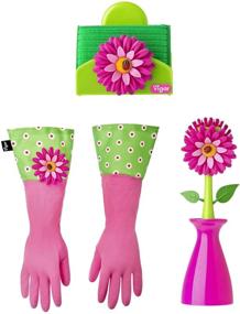 img 4 attached to 🌸 Vigar Flower Power 3-Piece Dishwashing Set with Dish Brush, Sponge, and Latex Dishwashing Gloves, Featuring Fun Floral Accents in Pink and Green
