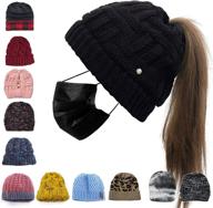 👒 womens winter beanie hat with mask button, criss cross high messy bun ponytail beanie hat with ponytail hole logo