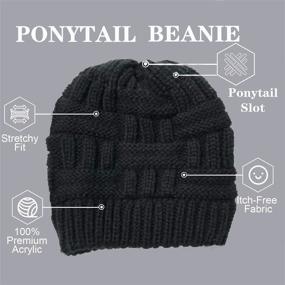 img 3 attached to 👒 Womens Winter Beanie Hat with Mask Button, Criss Cross High Messy Bun Ponytail Beanie Hat with Ponytail Hole