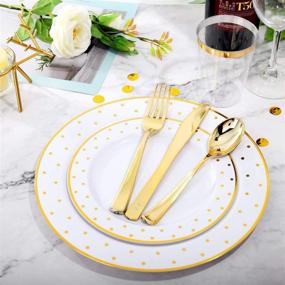 img 2 attached to 🍽️ WELLIFE Gold Dot Plastic Dinnerware Set - 350 Pcs Disposable White Plates with Gold Dot: Includes 50 Dinner Plates, 50 Dessert Plates, 50 Knives, 50 Forks, 50 Spoons, 50 Cups, 50