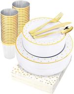 🍽️ wellife gold dot plastic dinnerware set - 350 pcs disposable white plates with gold dot: includes 50 dinner plates, 50 dessert plates, 50 knives, 50 forks, 50 spoons, 50 cups, 50 логотип