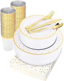 img 4 attached to 🍽️ WELLIFE Gold Dot Plastic Dinnerware Set - 350 Pcs Disposable White Plates with Gold Dot: Includes 50 Dinner Plates, 50 Dessert Plates, 50 Knives, 50 Forks, 50 Spoons, 50 Cups, 50