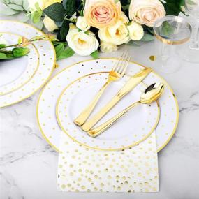 img 1 attached to 🍽️ WELLIFE Gold Dot Plastic Dinnerware Set - 350 Pcs Disposable White Plates with Gold Dot: Includes 50 Dinner Plates, 50 Dessert Plates, 50 Knives, 50 Forks, 50 Spoons, 50 Cups, 50