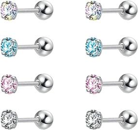 img 4 attached to 💎 Sparkling Surgical Steel Earring Set: 4 Pairs of Shiny Cubic Zirconia Studs for Girls & Women - Perfect for Cartilage, Tragus, Helix, and Conch Piercings