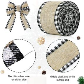 img 2 attached to 🎀 2 Rolls Buffalo Plaid Wired Edge Ribbons Christmas Burlap Fabric Craft Ribbon Natural Wrapping Ribbon Rolls with Checkered Edge, Black and White, 1.5 x 216 Inch