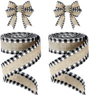 🎀 2 rolls buffalo plaid wired edge ribbons christmas burlap fabric craft ribbon natural wrapping ribbon rolls with checkered edge, black and white, 1.5 x 216 inch logo