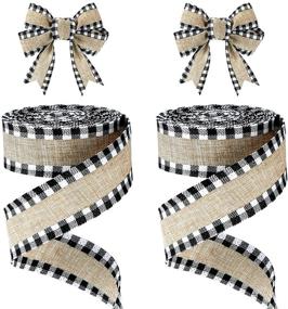 img 4 attached to 🎀 2 Rolls Buffalo Plaid Wired Edge Ribbons Christmas Burlap Fabric Craft Ribbon Natural Wrapping Ribbon Rolls with Checkered Edge, Black and White, 1.5 x 216 Inch