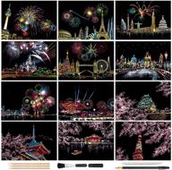 🎆 creative scratch art paper with brilliant fireworks and sakura: perfect set for kids and adults - 12 sheets, scratch cards, drawing pen, brush, mini envelope postcard crafts - 7.9 x 5.5 inches logo