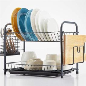 img 3 attached to 🍽️ Efficient Gray NATUROUS 2-Tier Dish Rack with Draining Board and Kitchen Organizer: Includes Utensil & Cutting Board Holder