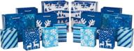 набор из 16 голубых и белых полос, снежинок, оленей, зимних сцен изобразительного искусства подарочных пакетов праздничной коллекции логотип
