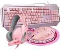 dgg pink 4-in-1 gaming keyboard mouse headset combo with white led backlit, 104 keys ergonomic gamer keyboard, 4800dpi adjustable optical game mouse, and 3.5mm gaming stereo headset logo