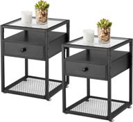 🌃 vecelo modern night stands - end side table with drawer, rustic shelf decoration - living room & bedroom lounge furniture set of 2 - glass surface nightstand cabinet, black logo